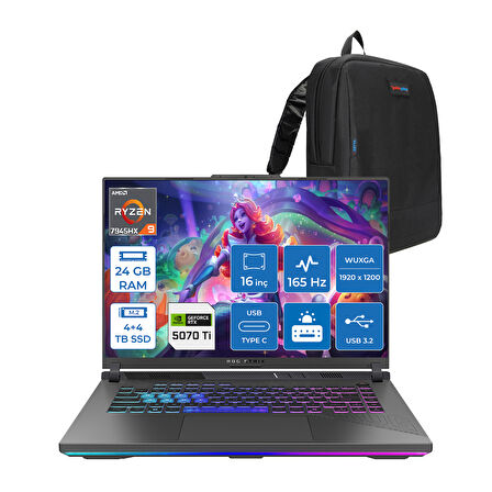 Asus Rog Strix G16 G614PR-RV052 Amd Ryzen 9 7945HX 24GB GB 4tb Ssd+4tb SSD 12GB/RTX5070Tİ Gddr7 140W 16" Wuxga 165Hz 300NİTS  Freedos Taşınabilir Bilgisayar WRV052F08+ZETTAÇANTA
