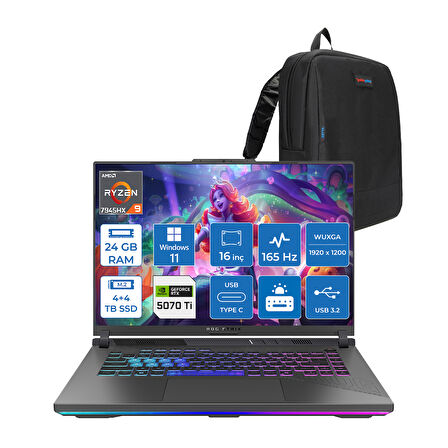 Asus Rog Strix G16 G614PR-RV052 Amd Ryzen 9 7945HX 24GB GB 4tb Ssd+4tb SSD 12GB/RTX5070Tİ Gddr7 140W 16" Wuxga 165Hz 300NİTS  Windows 11 Pro Taşınabilir Bilgisayar WRV052W08+ZETTAÇANTA