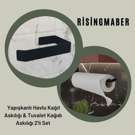 Metal Mat Siyah Yapışkanlı Tuvalet Kağıtlık ve Kağıt Havluluk İkili Set Yapışkanlı Wc Kağıtlık ve Kağıt Havlu Askısı 3M Yapışkanlı Tasarım MT74S