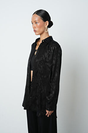 Kadın Siyah Renk Karışık Desenli Oversize Gömlek