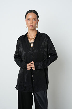 Kadın Siyah Renk Karışık Desenli Oversize Gömlek