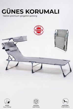ecm proger Gölgelikli Katlanabilir Şezlong, Havuz, Bahçe ve Teras için, Yastıklı, Alüminyum, Gri, Modern Stil