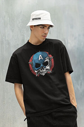 Kuru Kafa Kaptan Amerika Baskılı Unisex Oversize Anime Tişört