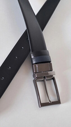 DARKWOOD KLASİK DERİ ERKEK KEMER-ÇİFT TARAFLI KULLANIM-HAKİKİ DERİ-SİYAH/LACİVERT