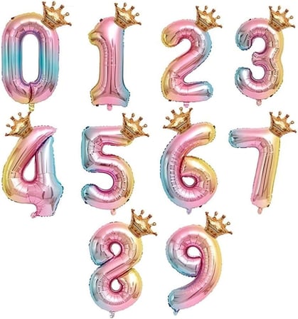 7 Yaş Gökkuşağı Rakam Ve Kral Tacı Folyo Balon Doğum Günü Parti Kutlama Seti