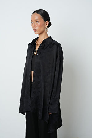 Kadın Siyah Renk Çiçek Desenli Oversize Uzun Tesettür Gömlek