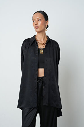 Kadın Siyah Renk Çiçek Desenli Oversize Uzun Tesettür Gömlek