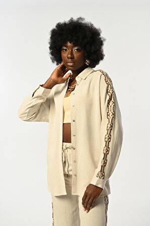 KADIN KOLLARI KAHVERENGİ NAKIŞ İŞLEMELİ NATUR GÖMLEK