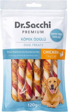 Dr. Premium Tavuk Sargılı Çift Renkli Sığır Derisi Burgu Çubuk Tahılsız Köpek Ödülü 5" 12 Gr 10'lu