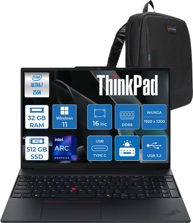 Lenovo Thinkpad E16 Gen 3 Intel Core Ultra 7 255H 32GB Ddr5 512GB SSD Windows 11 Home Intel Arc 140T 16 Inç Wuxga (1920 x 1200) IPS 300NITS Taşınabilir Bilgisayar 21SR006RTXH12 + Zetta Çanta