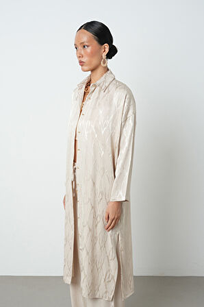 Kadın Bej Renk Desenli Uzun Tunik Tesettür Gömlek - Elbise