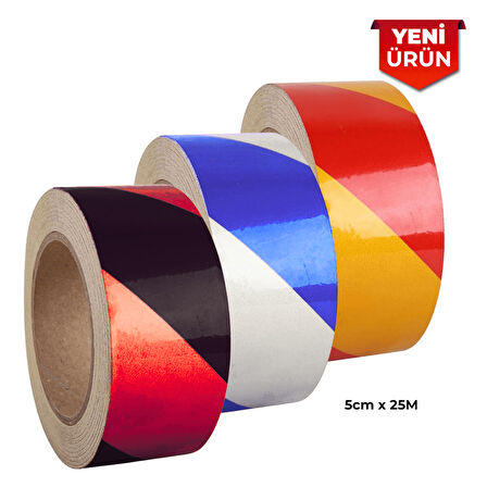 Reflektif Fosforlu Çapraz Şerit Bant, Çift Renk Reflekte İkaz Bandı 5cm x 25M