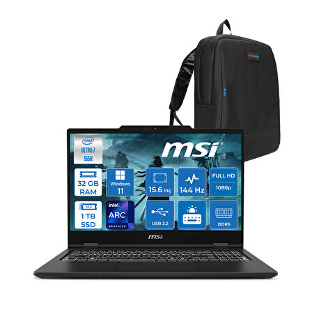 Msı Venture 15 Aı WA1MG Intel Core Ultra 7 155H 32GB Ddr5 1tb SSD Windows 11 Home 15.6" Fhd IPS 144Hz Taşınabilir Bilgisayar W012XTRH06+ZETTAÇANTA