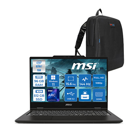 Msı Venture 15 Aı WA1MG Intel Core Ultra 7 155H 96GB Ddr5 512GB SSD Windows 11 Pro 15.6" Fhd IPS 144Hz Taşınabilir Bilgisayar W012XTRW21+ZETTAÇANTA