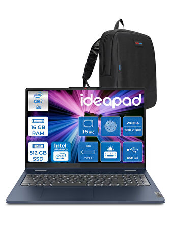 Lenovo ıdeapad 5 16IRU9 Intel® Core™ 7 150U 16GB 512GB SSD 16" Wuxga 300NITS Dokunmatik Freedos Taşınabilir Bilgisayar+Lenovo Pen 883DU0052TR02+ZETTAÇANTA
