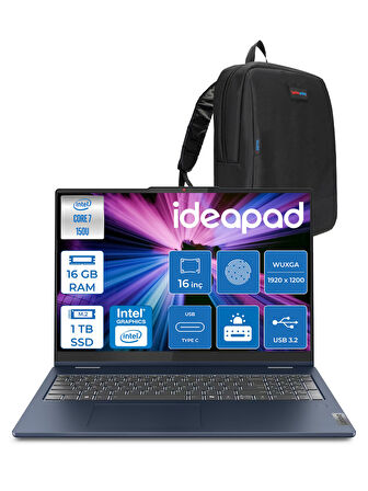 Lenovo ıdeapad 5 16IRU9 Intel® Core™ 7 150U 16GB 1tb SSD 16" Wuxga 300NITS Dokunmatik Freedos Taşınabilir Bilgisayar+Lenovo Pen 883DU0052TR03+ZETTAÇANTA