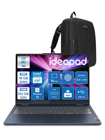 Lenovo ıdeapad 5 16IRU9 Intel® Core™ 7 150U 16GB 512GB SSD 16" Wuxga 300NITS Dokunmatik W11PRO Taşınabilir Bilgisayar+Lenovo Pen 883DU0052TR08+ZETTAÇANTA