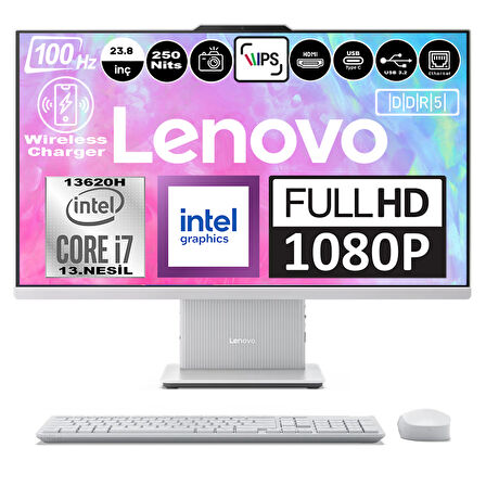 Lenovo Ideacentre Aıo 24IRH9 Intel Core I7-13620H Ddr5 96GB 256GB SSD Intel UHD Graphics 23.8 Fhd IPS Freedos Beyaz All In One Bilgisayar F0HN0056TRF17 + Zetta Flash Bellek