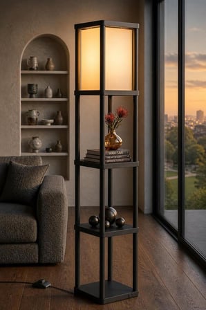 Dekoratif Raflı Lambader Siyah, 135 cm Modern Sehpalı Lambader, E27 Duy Uyumlu, 23x23 cm Raflı Salon Yatak Odası Ofis Aydınlatma