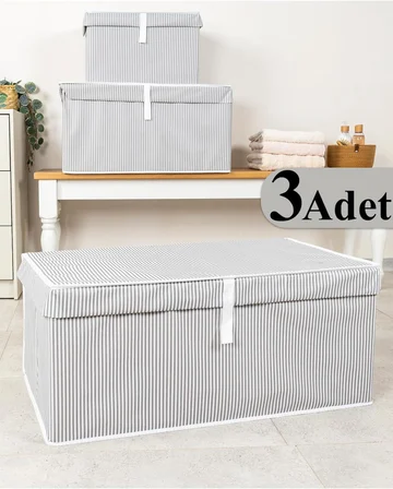 Çok Amaçlı Düzenleyici Kapaklı Sandık Tipi Kutu Hurç Organizer 3 Lü Set (Gri, Mega Plus 70 x 40 x 30)
