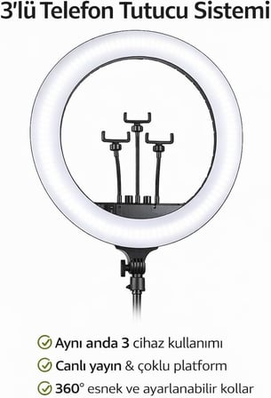 21 İnç (54 CM) Profesyonel Ring Light – 210 CM Ayarlanabilir Tripodlu, 3’lü Telefon Tutuculu, 3 Işık Modlu, Parlaklık Ayarlı, USB Güç Girişli Stüdyo &amp; Canlı Yayın Işığı