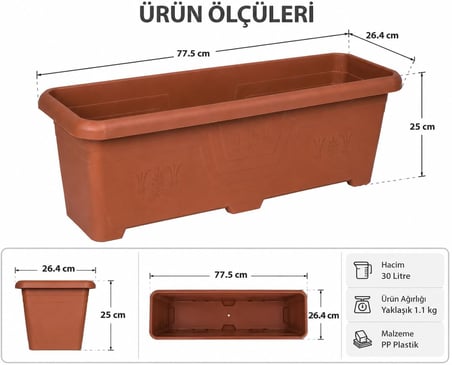 Plastik Uzun Saksı, Kahverengi, Bahçe Ofis Kullanımı için (77.5 X 25 X 26.5 Cm - 30 L)