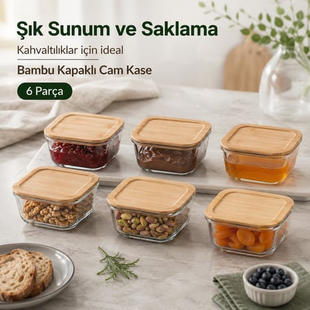 6’lı Bambu Kapaklı Kare Cam Kahvaltılık Seti, Şeffaf Cam Saklama Kabı, Reçel Zeytin Peynir Kuruyemiş Baharat ve Atıştırmalık Sunum Kabı