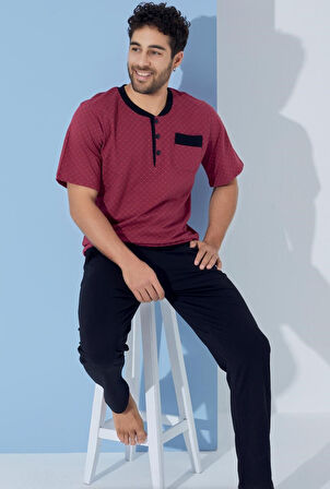 Erkek Bisiklet Yaka 3 Düğmeli Desenli Modal Kısa Kol Cepli Pijama Takımı