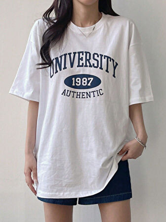 Kadın Tişört Baskılı Uzun T-shirt Pamuklu Oversize Tişört UNIVERSİTY-KADIN