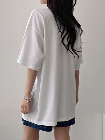 Kadın Tişört Baskılı Uzun T-shirt Pamuklu Oversize Tişört UNIVERSİTY-KADIN