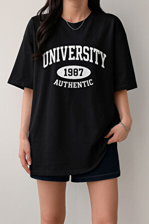 Kadın Tişört Baskılı Uzun T-shirt Pamuklu Oversize Tişört UNIVERSİTY-KADIN