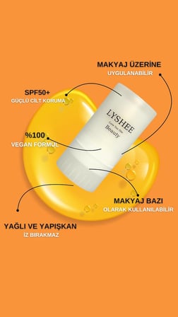 LYSHEE SPF50+ PA++++ Güneş Koruyucu Stick, Parfümsüz, Suya Dayanıklı, Vegan, Non-Komedojenik, Yüz ve Dudak için