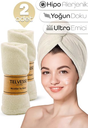 Mikrofiber Saç Havlusu Süper Emici Hızlı Kuruyan Türban Saç Havlusu Şapkası – Uzun Kıvırcık Kalın Saçlar İçin Duş Saç Kurutma Havlusu, Plaj Havuz Banyo Kullanım (2li Krem)