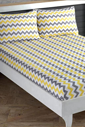 MORE  HOME ÇİFT KİŞİLİK LASTİKLİ ÇARŞAF SETİ + 2 YASTIK KILIFI 180x200 Zikzaklı Sarı Gri Beyaz