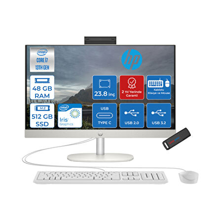 Hp Proone 240 G10 Intel I7-1355U 48GB 512GB SSD Iris Xe Graphics Freedos 23.8" Full Hd Beyaz All In One Bilgisayar AA1JY8ESF17+ZETTAUSBBELLEK