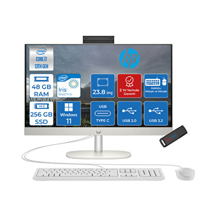 Hp Proone 240 G10 Intel I7-1355U 48GB 256GB GB SSD Iris Xe Graphics Windows 11 Home 23.8" Full Hd Beyaz All In One Bilgisayar AA1JY8ESH16+ZETTAUSBBELLEK