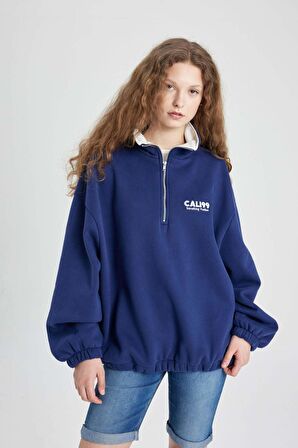 DeFacto Oversize Geniş Kalıp Yarım Fermuarlı Nakışlı Kalın Sweatshirt C4581AX24SMNV42