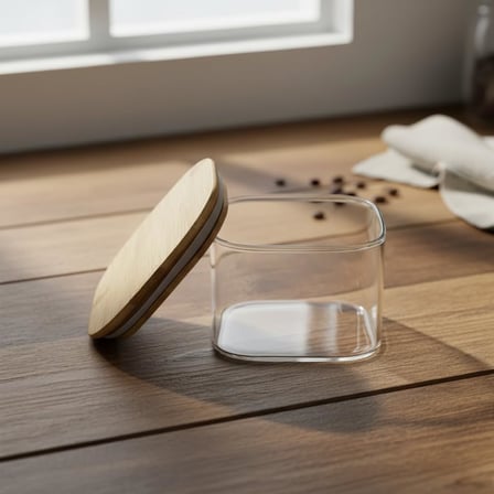 400 ml Bambu Kapaklı Kare Cam Saklama Kabı - Dikey Çizgili Rölyef Desenli Vakumlu Kahvaltılık ve Erzak Kabı (10x10x6 cm)