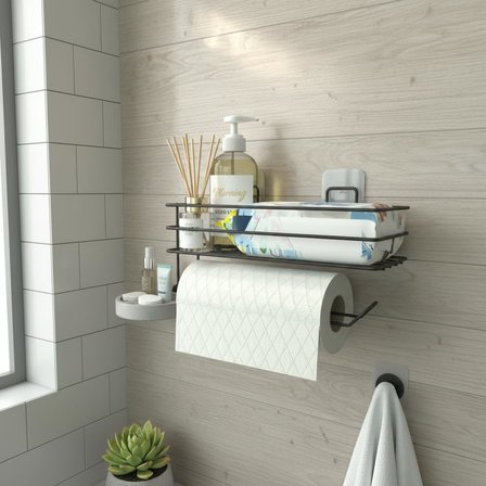Yapışkanlı Raflı Kağıt Rulo Havluluk Peçetelik Havlu Kağıtlık Siyah Banyo Mutfak Düzenleyici Raf