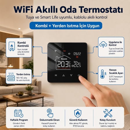 WiFi Kablolu Akıllı Oda Termostatı (Tuya ve Smart Life Uyumlu)