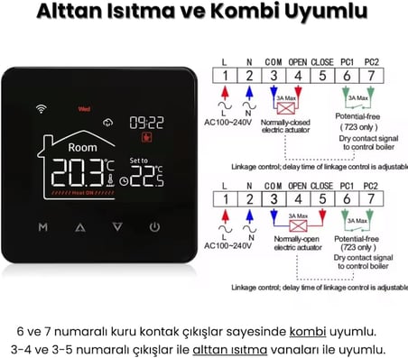WiFi Kablolu Akıllı Oda Termostatı (Tuya ve Smart Life Uyumlu)