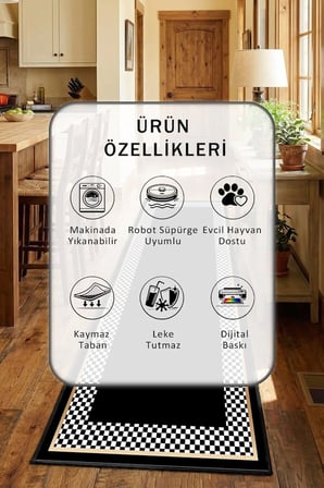 Süslü Kitchen Ortasi Siyah Yazisiz Siyah Modern Mutfak Halısı Yıkanabilir Kaymaz Su İtici