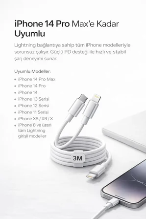İPhone Uyumlu USB-C to Lightning Şarj ve Data Kablosu, Beyaz 3M