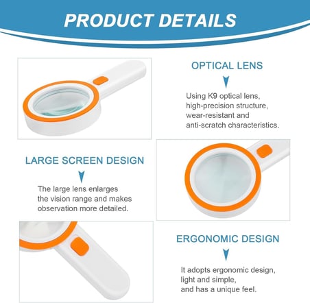 12 LED Işıklı Büyüteç, 30X Çift Cam Lens Elde Taşınabilir Aydınlatmalı Büyüteç Okuma Büyüteç, Yaşlılar için Oku, Madeni Paralar, Pullar, Harita, Muayene, Makula Dejenerasyonu (Turuncu)
