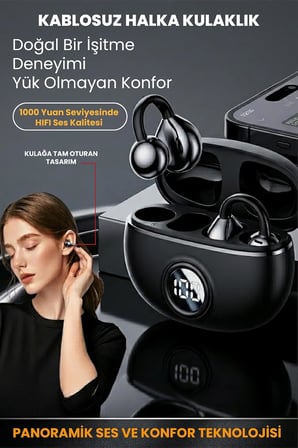 Klipsli Bluetooth Kulaklık Kablosuz ANC ENC Çift Mic. Led Gösterge Küpe Kulaklık - Siyah