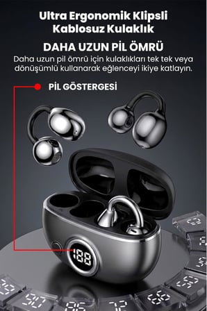 Klipsli Bluetooth Kulaklık Kablosuz ANC ENC Çift Mic. Led Gösterge Küpe Kulaklık - Siyah