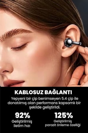 Klipsli Bluetooth Kulaklık Kablosuz ANC ENC Çift Mic. Led Gösterge Küpe Kulaklık - Siyah