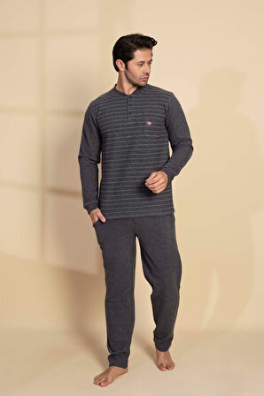 Guava Erkek 3 Düğme Uzun Kol Göğüs Cepli Selanik Kumaş Kışlık Cepli Pijama Takımı 