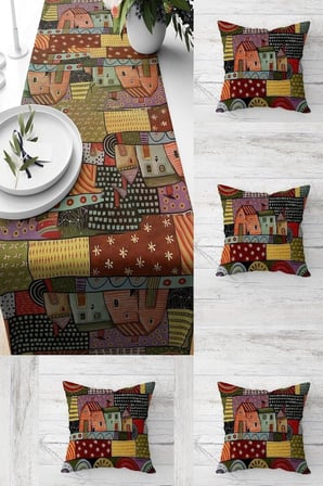 Pelangi Yaz Evi Desenli Patchwork Masa Değişik Ranır Modelleri Dekoratif 4'lü Kırlent Kılıfı Runner Seti, Kiremit 45 x 45