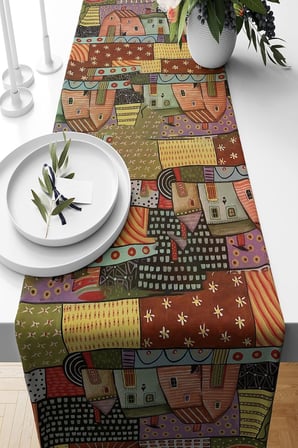 Pelangi Yaz Evi Desenli Patchwork Masa Değişik Ranır Modelleri Dekoratif 4'lü Kırlent Kılıfı Runner Seti, Kiremit 45 x 45